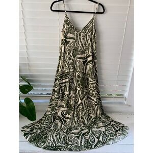 H&G Viscose Maxi Dress Green Cream Abstract Print Spaghetti Strap Tiered Hem